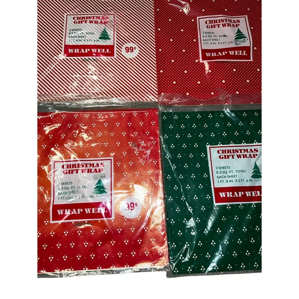 Vintage Christmas Gift Wrap lot Red white Green minimalist 4 each with 2 sheets